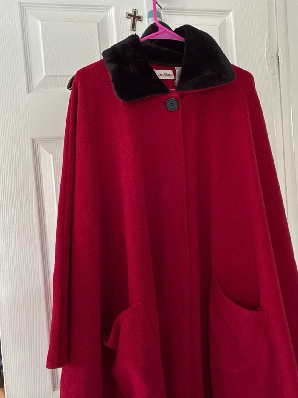 Classic Red Cape Coat with Black Faux Fur Collar